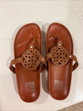 Dolce Vita Cognac Leather Slide Sandals with Medallion Cutout